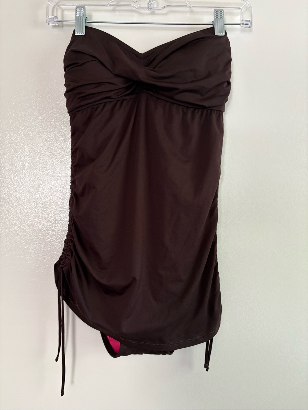 La Blanca Island Goddess Bandeau One Piece Swimsuit Brown Ruched Drawstring 12